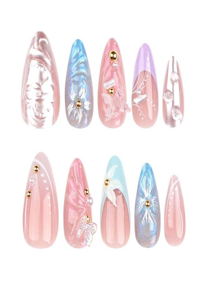 Foccna French Press on Nails Long Pearl Pink Fake Nails Almond Glossy 3D False Nail Tips Artificial Nails Finger Manicure for Women and Girls 24pcs - Image 4